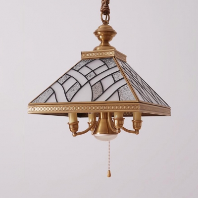 Glass Craftsman Pendant Lamp with Pull Chain 5 Lights Tiffany Antique Ceiling Lamp in Gold for Hotel