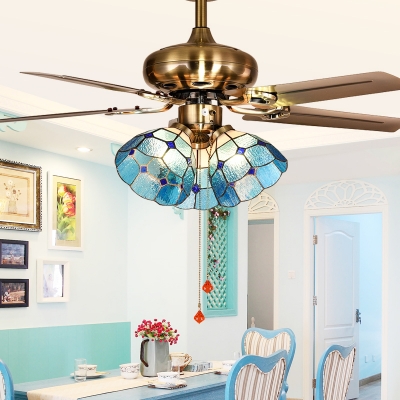 Glass Dome Semi Flushmount Light Dining Room 3 Heads Pull Chain/Remote Control/Wall Control Ceiling Fan