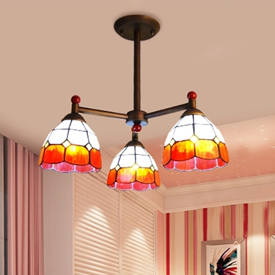 Glass Dome Shade Chandelier Bedroom Hallway 3 Lights Tiffany Style Hanging Light in Blue/Orange/Yellow