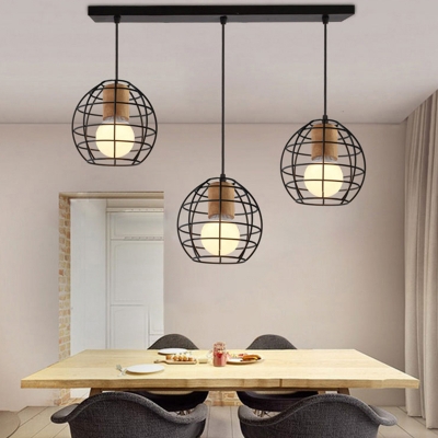 Globe Cage Hallway Pendant Light Metal 3 Lights Industrial Ceiling Lamp with Linear/Round Canopy in Black