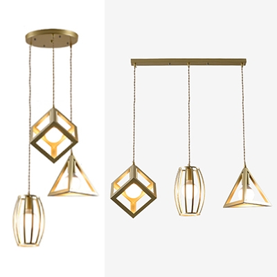 Metal Linear/Round Canopy Pendant Lamp Corridor Three Lights Creative Hanging Light in Gold