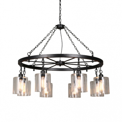 Industrial Cylinder Pendant Lamp Clear Glass 6/8 Lights Black Chandelier with Wheel for Bar