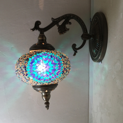 KTV Restaurant Spherical Wall Light Stained Glass 1 Light Moroccan Turkish Blue/Red/White Wall Sconce
