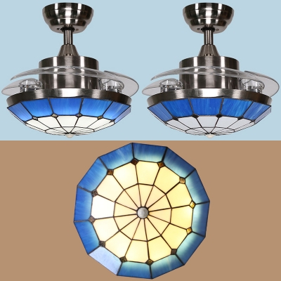 Living Room Bowl LED Ceiling with Invisible Blade Stained Glass 36 Inch Tiffany Style Blue Semi Flush Ceiling Light