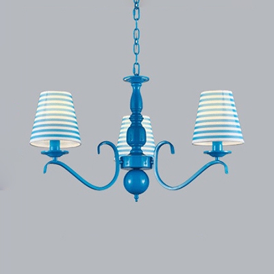Mediterranean Style Tapered Shade Chandelier 3 Lights Fabric Pendant Lamp in Blue/White for Bedroom