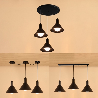 Metal Conical Shade Pendant Light 3 Lights Antique Style Hanging Lamp in Black for Bar Cafe