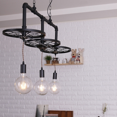 Metal Wheel Pendant Light Dining Room 3 Lights Industrial Suspension Light in Black