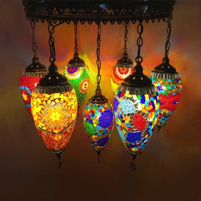 Moroccan Mosaic Multi-Color Chandelier Teardrop 7 Lights Glass Hanging Light for Restaurant Bar