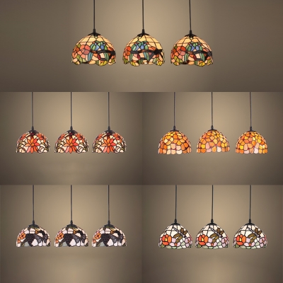 Multi-Color Dome Pendant Light 3 Lights Tiffany Rustic Stained Glass Hanging Light for Balcony