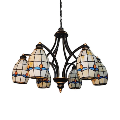 Restaurant Dining Room Chandelier Stained Glass 6/8 Lights Tiffany Style Beige Pendant Lighting