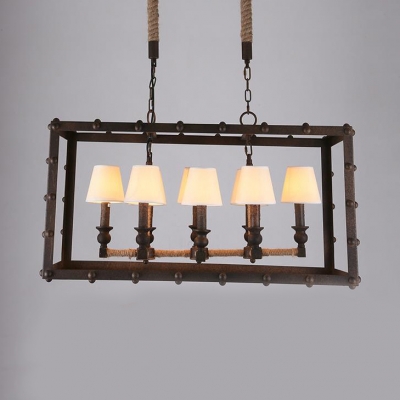 Restaurant Rectangle Island Fixture with Tapered Shade Glass 8 Lights Rust Pendant Lamp