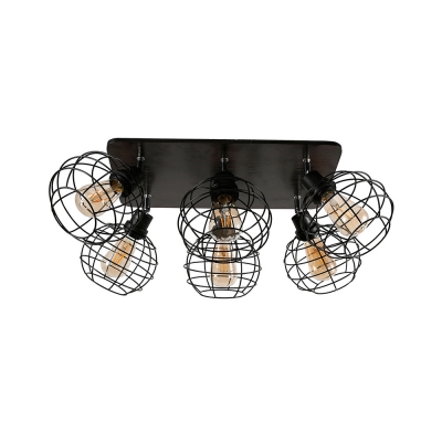 Rotatable Antique Sphere Flush Light with Cage Metal 6 Lights Black Ceiling Mount Light for Cafe