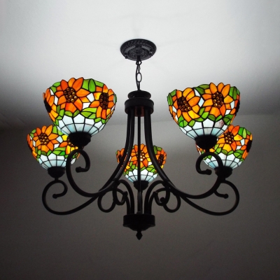 Rustic Style Dome Chandelier with Flower 5 Lights Stained Glass Pendant Lamp for Restaurant