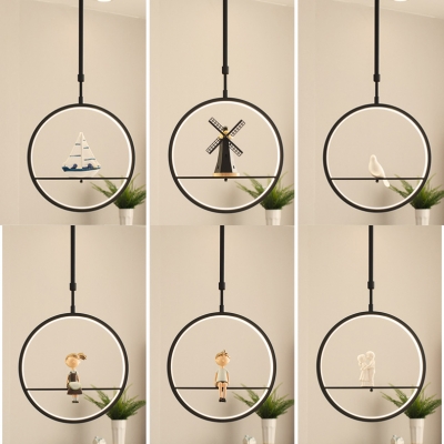 Simple Style Ring Pendant Lamp with Cartoon Pattern Metal Hanging Light in Black for Study Room