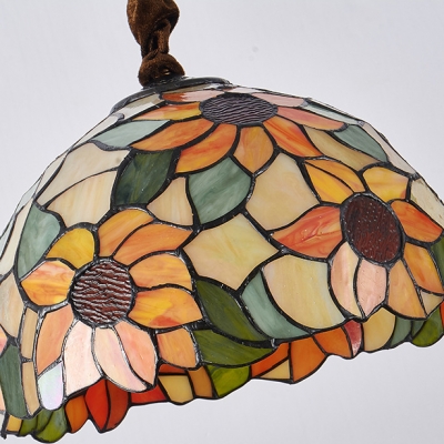 Stained Glass Sunflower Hanging Lamp Hallway 1 Light Rustic Ceiling Light with Dome Shade
