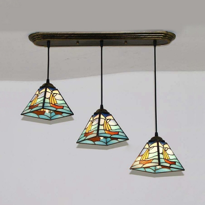 Tiffany Multi-Color Pendant Light Boat/Flower 3 Lights Glass Suspension Light for Study Room
