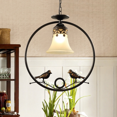 Traditional Bell Shade Hanging Light 1 Light Frosted Glass Ceiling Lamp with Bird for Living Room