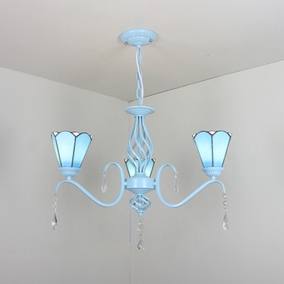 Traditional Cone Shade Pendant Light 3 Lights Blue/Clear/White Glass Chandelier with Clear Crystal