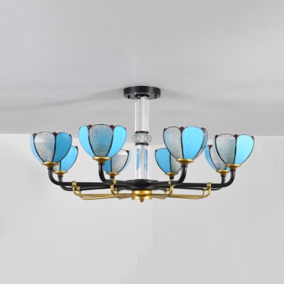 Traditional Dome Shade Chandelier Glass 6/8 Lights Blue Hanging Light for Dining Room