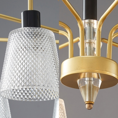 Traditional Gold Ceiling Lamp Bucket Shade 8/10 Lights Lattice Glass Semi Flush Ceiling Light for Living Room