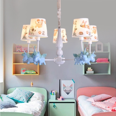 Unicorn Child Bedroom Pendant Lamp with Tapered Shade Metal 5 Lights Lovely Chandelier in Blue/Pink