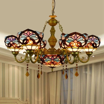 Victorian Style Dome Chandelier Stained Glass 7 Lights Suspension Light with Crystal for Bar