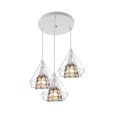White Diamond Cage Pendant Light 3 Lights Tiffany Style Metal Hanging Lamp for Restaurant