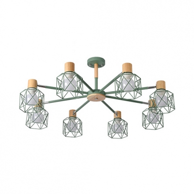Wire Frame Study Room Chandelier Wood 5/6/8 Lights Industrial Candy Colored Hanging Light