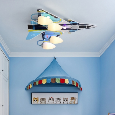 Wood Airplane LED Flush Ceiling Light Boy Bedroom Modern Cool Ceiling Fixture in Blue