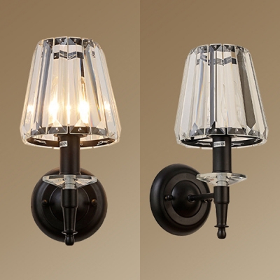 1 Head Tapered Shade Wall Light Traditional Metal Clear Crystal Sconce Light in Black for Restaurant