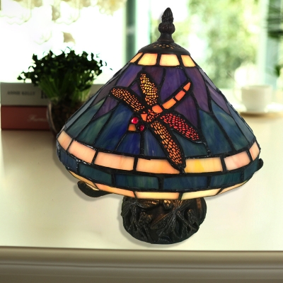 Mushroom LED Night Light 1 Light Tiffany Stained Glass Table Light with Dragonfly for Bedroom