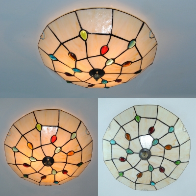 Simple Style Beige Ceiling Light with Multi-Color Bead Bowl Art Glass Flush Mount Light for Study Room