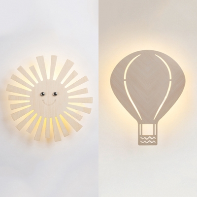 Cartoon Balloon/Sun Sconce Light Wood Beige LED Wall Lamp with Warm Lighting for Child Bedroom