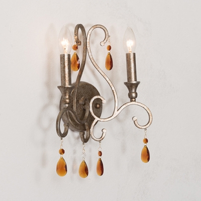 Antique Style Aged Steel Wall Light Candle 2 Lights Iron Sconce Light with Amber Crystal for Villa