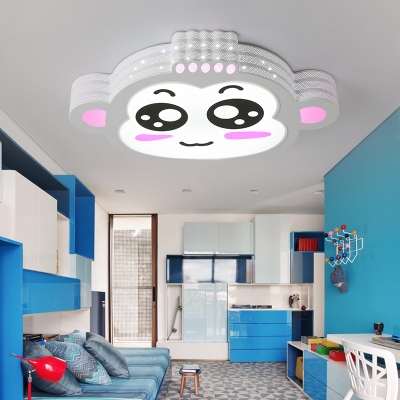 Cartoon Monkey LED Flush Mount Light Metal Stepless Dimming/Warm/White Ceiling Fixture for Girls Bedroom