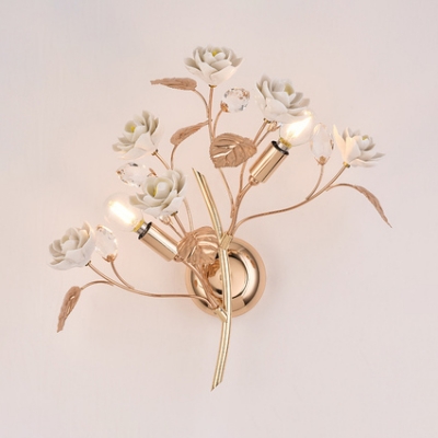 Ceramics Blossom Wall Lamp with Crystal Butterfly 2 Lights Pretty Sconce Light in Green/Pink/White
