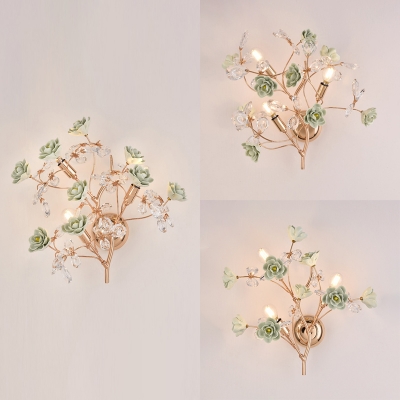 Ceramics Flower Wall Light with Flower Living Room 3 Lights Elegant Style Sconce Light in Green/Pink/White