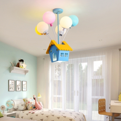 Creative Balloon Chandelier with Wood House 7 Lights Glass Multi-Color Ceiling Pendant for Child Bedroom