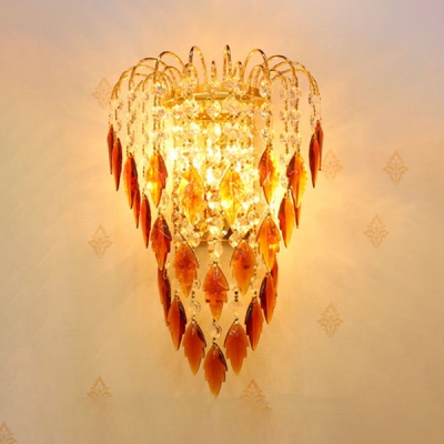 Gold Candle Wall Light with Amber/Blue Crystal Deco 2 Lights Glamorous Metal Wall Sconce for Cafe