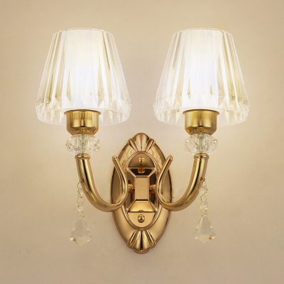 Hotel Dandelion/Prismatic/Ribbed Wall Light Metal 2 Lights Elegant Style Gold Sconce with Crystal Bead