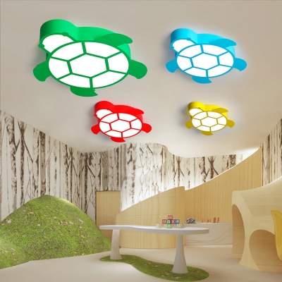 Kids Candy Colored Ceiling Fixture Turtle Metal Warm/White Lighting LED Flush Light for Kindergarten
