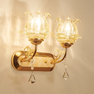 Luxurious Floral Sconce Light with Crystal Metal 1/2 Lights Gold Finish Wall Lamp for Stair