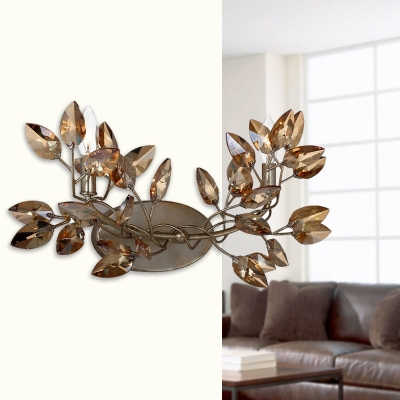 Metal Candle Sconce Light with Crystal Leaf 2 Heads Rustic Stylish Wall Light in Antique Gold/Silver