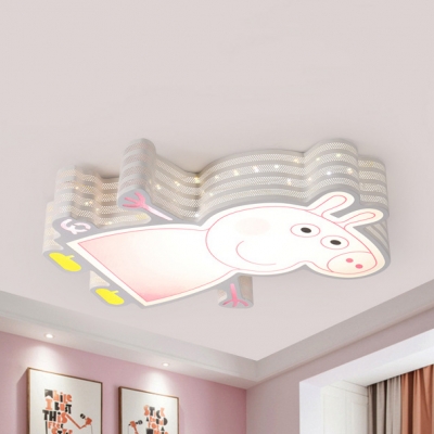 Metal Piggy Flush Mount Light Kids Stepless Dimming/Third Gear/White Ceiling Light in Pink for Hallway