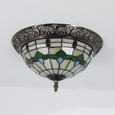 Multi-Color Floral Ceiling Lamp 2 Heads Rustic Tiffany Art Glass Flush Mount Light for Hallway