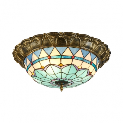Restaurant Bowl Shade Flush Mount Light Art Glass Vintage Tiffany Ceiling Light in Beige/Blue