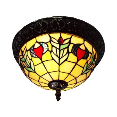 Rustic Tiffany Flush Ceiling Light Bowl Shade 2 Lights Stained Glass Ceiling Fixture for Porch