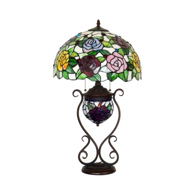 Stained Glass Flower/Grape Desk Light Living Room 3 Light Tiffany Rustic Table Lamp with Pull Chain