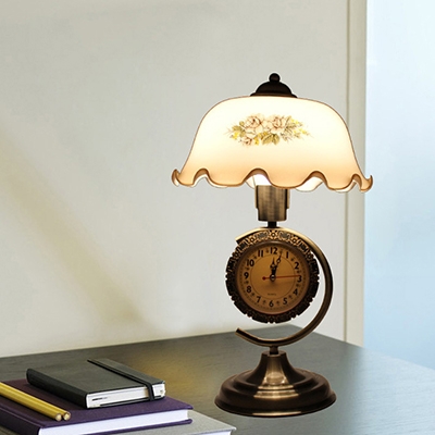 Traditional White Table Light Floral One Light Plastic Table Lamp with Clock for Bedside Table