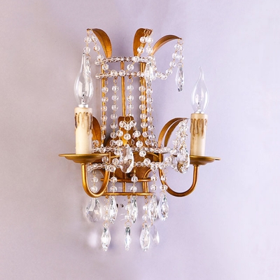 Villa Hotel Candle Wall Light with Crystal Metal 2 Lights Antique Style Sconce Light in Gold